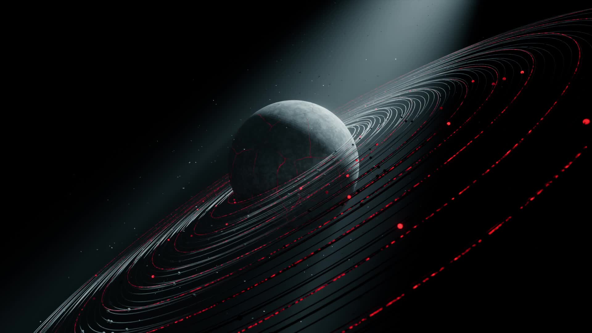 行星 CG 动画中的星球、星环与光线画面